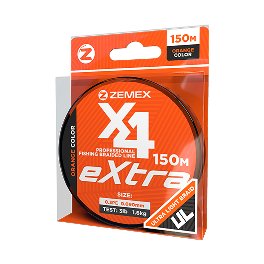 Плетеный шнур ZEMEX EXTRA X4 150 m, # 0.3 PE, d 0.09 mm, orange